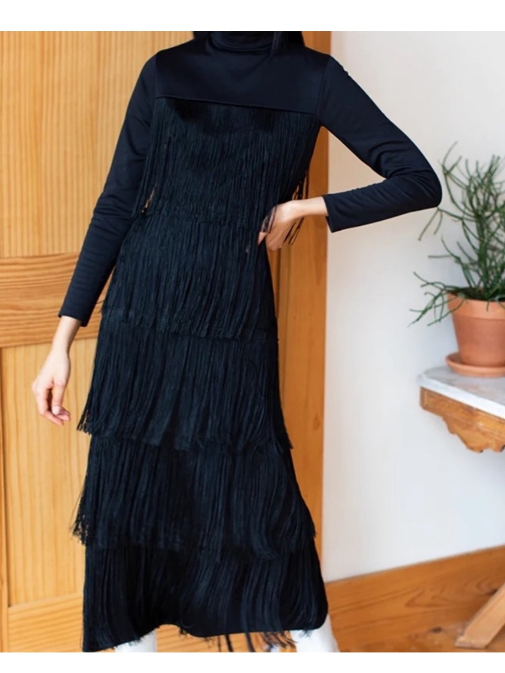 Emerson Fry Fringe Midi Dress Long Sleeve Black Party Dress Size Small